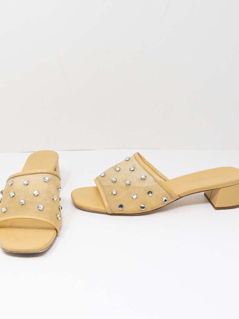 Loeffler Randall Brooke Mesh Mid Heel Mule Sandals Crystal Embellishment Caramel